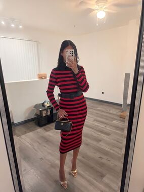 Red and Black Striped Long-Sleeve Midi Dress